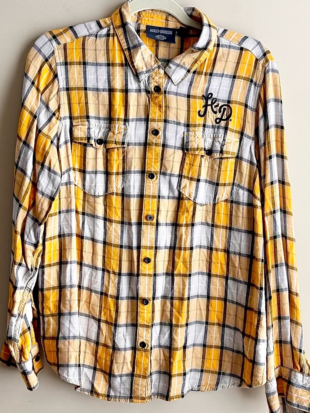 Harley-Davidson Black and Gold Plaid Button-Down Shirt with Embroidery
